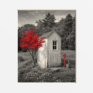 Rustic Outhouse Wall Art – Red Tree, Vintage Water Pump, Farmhouse Decor (Matted Print)