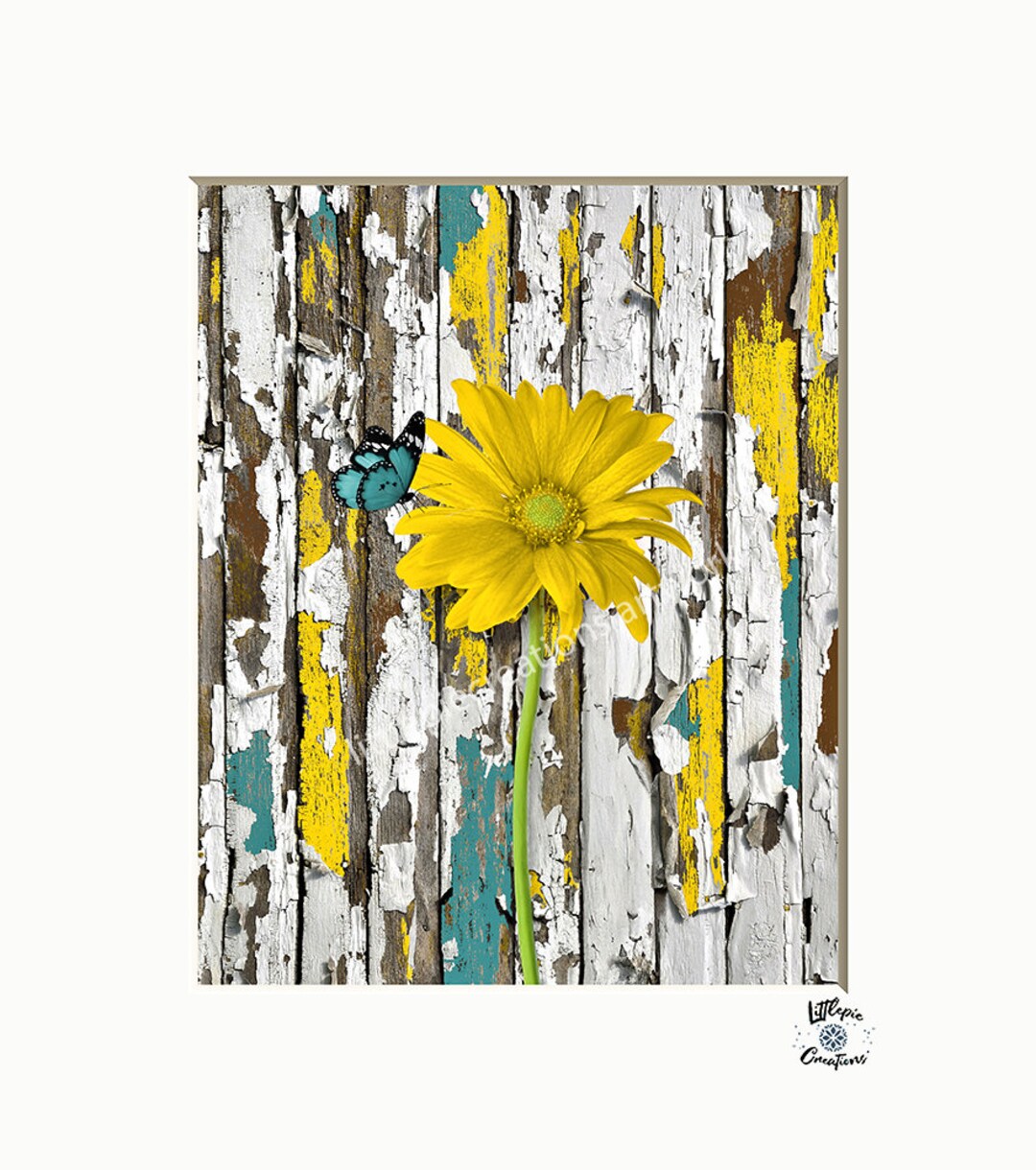 Rustic Yellow Teal Wall Art Daisy Flower Butterfly Home Decor Etsy