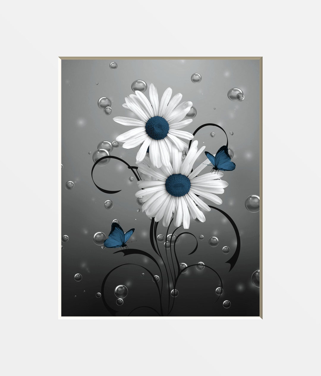 Blue Gray Wall Decor Pictures, Daisy Flowers, Bubbles, Blue Bathroom