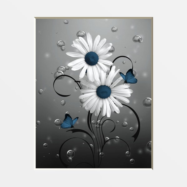 Blue Gray Wall Decor Pictures, Daisy Flowers, Bubbles, Blue Bathroom Bedroom Matted Wall Art Picture