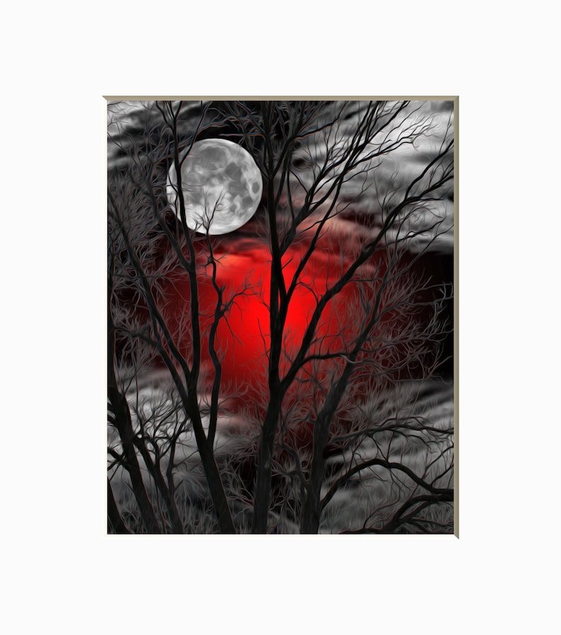 Black White Red Wall Art Tree Moon Bedroom Home Decor Matted Picture Print