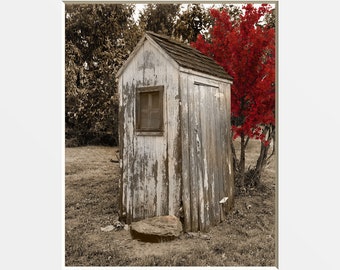 Brown Red Vintage Outhouse Bathroom Decor, Modern Farmhouse Home Decor Matted Wall Art Picture