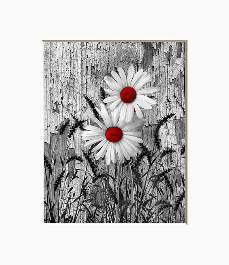 Black White Red Decor, Tree Moon Wall Art, Red Moon, Pop Of Red, Red Bed Room Wall Art Matted Picture Red Rustic Daisies