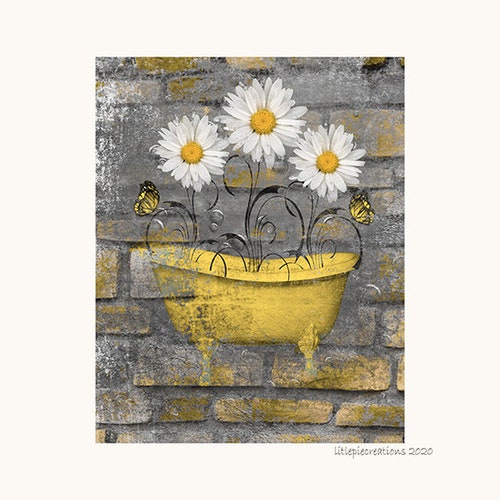 Yellow Gray Wall Art for Bathroom Yellow Rustic Daisy Flower Etsy
