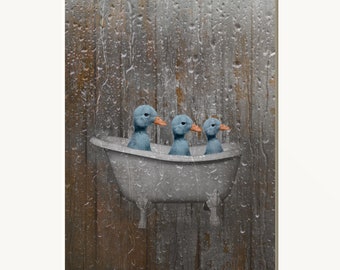 Rustic Country Vintage Bathroom Wall Decor, Ducks In Bathtub Rustic Brown Blue Home Decor Matted Picture