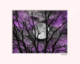 Purple Bedroom Wall Art, Purple Tree Moon Home Decor Photo Art Matted Artwork Picture