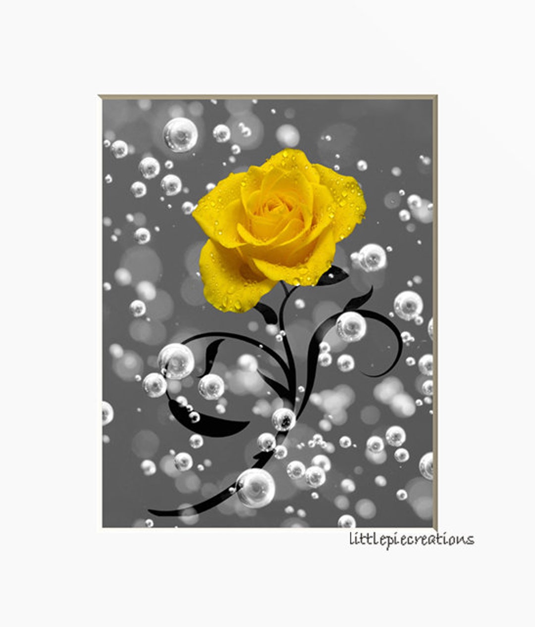 Yellow Gray Rose Flower Bathroom Bedrooom Powder Room Yellow Home Decor Wall Art Matted Pictures