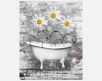 Rustic Country Vintage Bathroom Decor,Daisy Flowers In Bathtub, Farmhouse Bathroom Wall Art Matted Picture