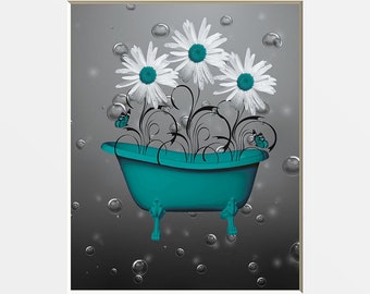 Teal Wall Decor, Bathroom Decor, Daisy Flowers Butterflies, Teal Gay Photography Matted Wall Art