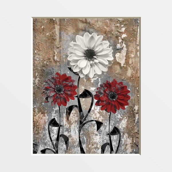 Red Brown Wall Art for Bathroom Bedroom Rustic Dahlia Flowers Photography Matted Wall Art