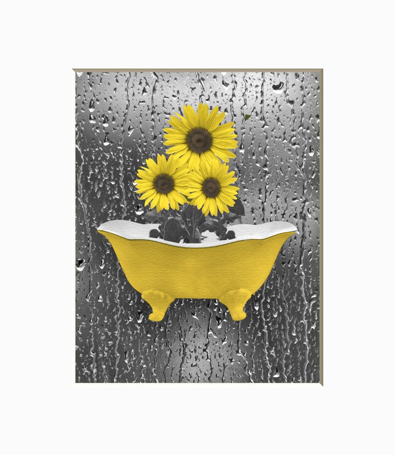 Yellow Gray Bathroom Wall Art Sunflowers Decor Modern Etsy