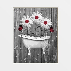 Red Gray Rustic Modern Wall Art, Daisy Flowers, Butterflies Vintage Bathtub, Farmhouse bathroom Laundry Room Home Decor Matted Picture