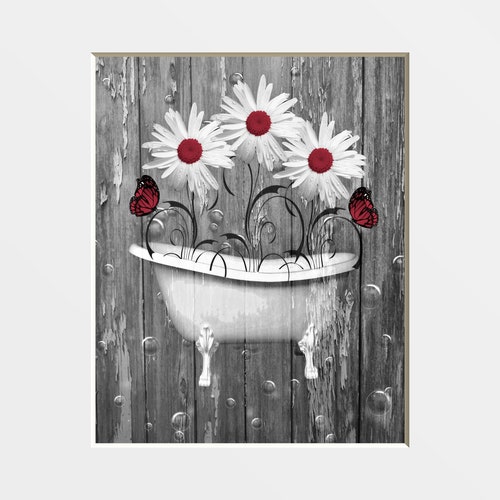 Red Brown Wall Art for Bathroom Modern Rustic Daisy Flowers Etsy