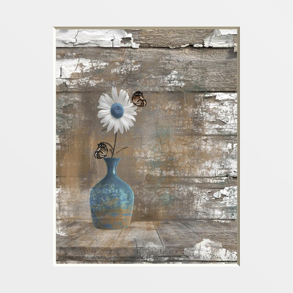 Rustic Modern Blue Brown Floral Home Decor Modern Farmhouse Wall Art Matted Picture