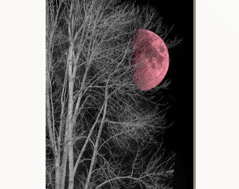 Black White Pink Moon Tree, Pink Wall Art, Pop of Pink, Pink Wall Prints, Pink Matted Wall Art Picture