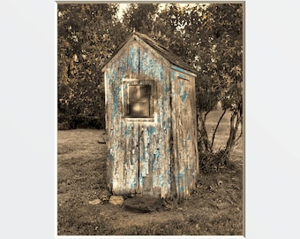 Rustic Vintage Outhouse Bathroom Wall Art Photography, Brown Blue  Home Decor Wall Art Matted Picture (Options)