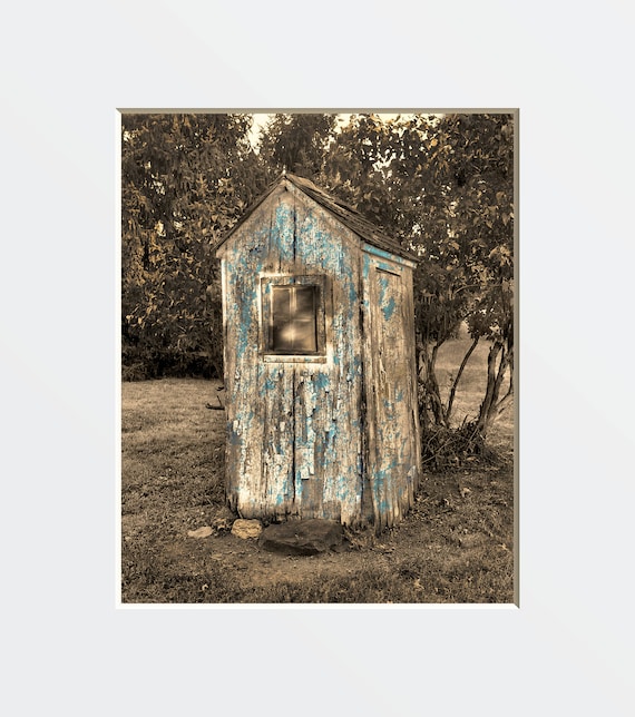 Brown Blue Bathroom Vintage Outhouse Photography Matted Handmade Artwork