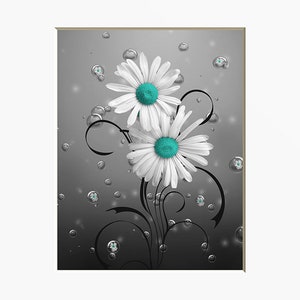 Black White Teal Wall Decor, Teal Flower Decor, Teal Gray Home Decor Wall Art Picture teal daisy flowers