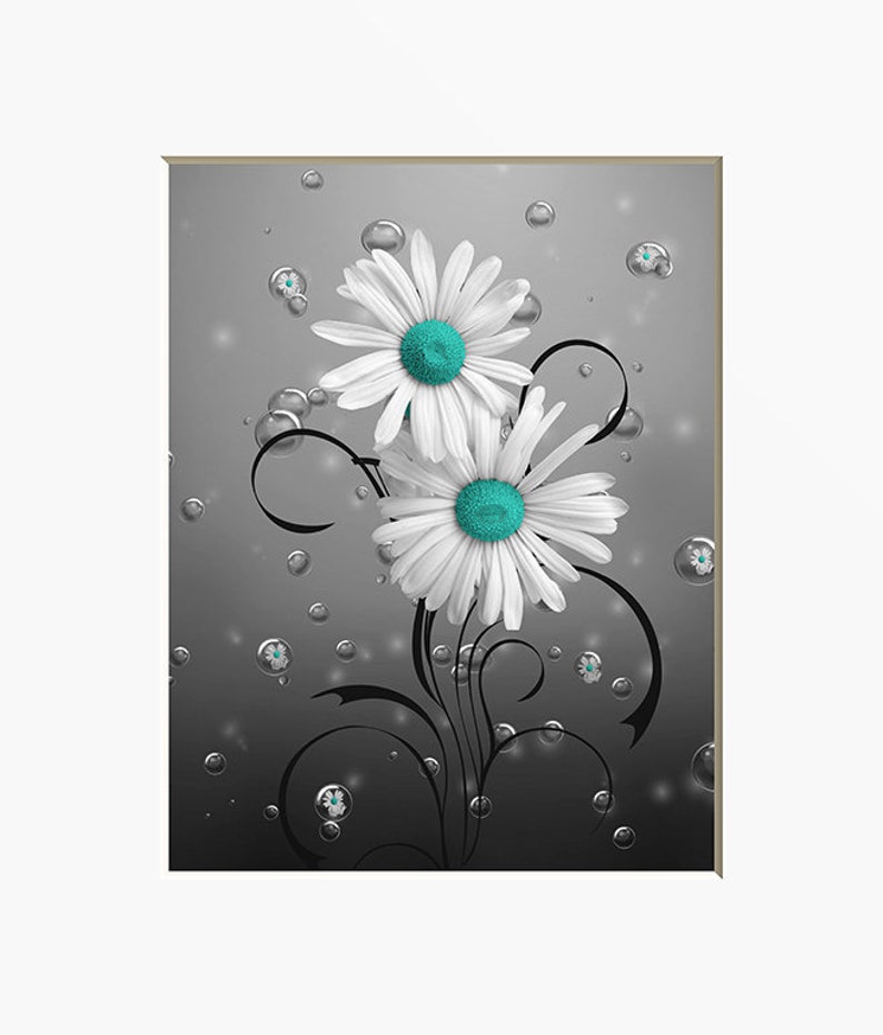 Black White Teal Wall Decor, Teal Flower Decor, Teal Gray Home Decor Wall Art Picture teal daisy flowers