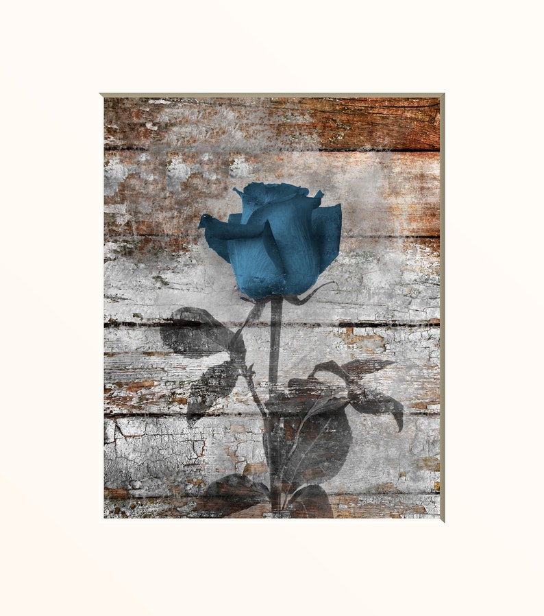 Blue Brown Wall Art For Home Decor Modern Rustic Rose Flower Farmhouse Bedroom Bath Living Room Wall Art Matted Picture