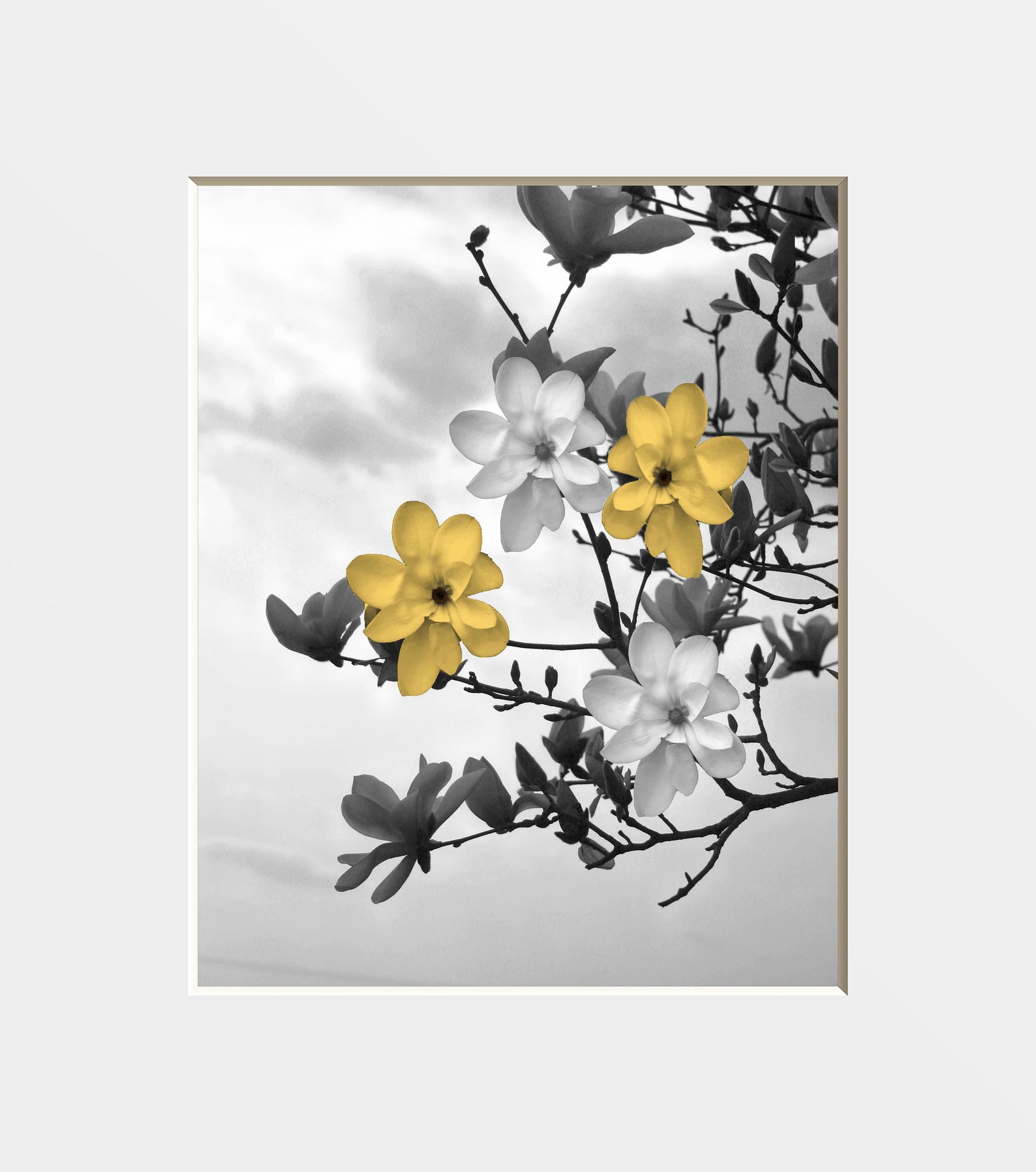 Black White Yellow Wall Art Yellow Gray Flowers Modern Home Etsy