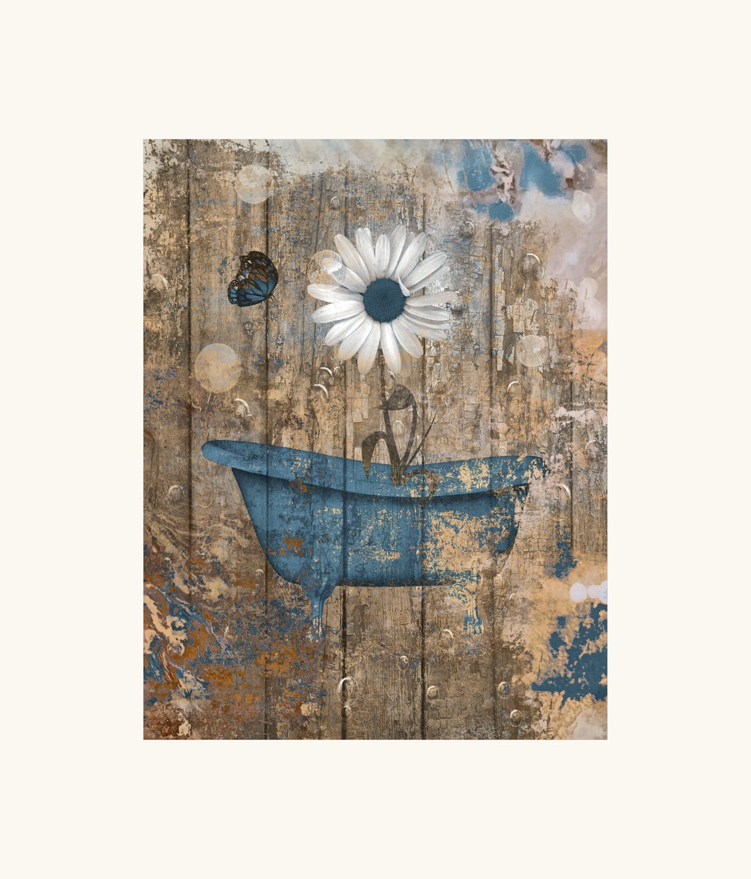 Rustic Modern Brown Blue Farmhouse Bathroom Decor, Daisy Flower