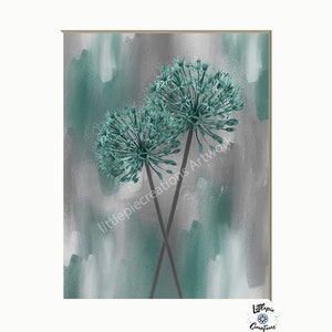 Teal Wall Decor Pictures, Dandelions Floral Art, Teal Gray Home Decor Matted Wall Art Picture