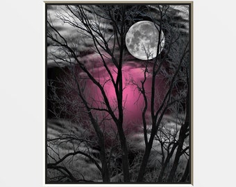 Black White Pink Tree Moon Bedroom Photography Photo Artwork Home Decor Matted Picture