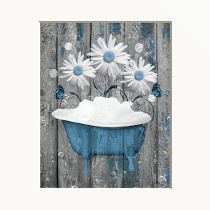 Rustic Farmhouse Bathroom Art: Blue Tub, Daisies, Bubbles - Matted Print