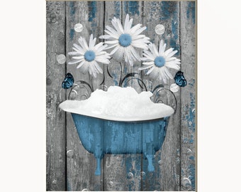Blue Gray Rustic Modern Farmhouse Daisy Flowers Vintage Tub Suds Bubbles Photography Home Decor Bathroom Wall Art Picture (Options)