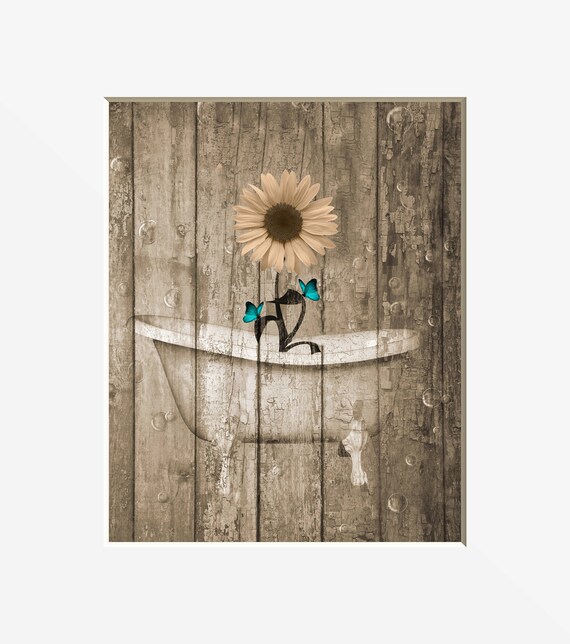 Farmhouse Bathroom Decor, Sunflower, Butterflies, Bubbles, Bathtub Wall Art, Teal Brown Bathroom Matted Country Wall Pictures