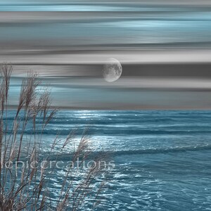 11x14 Blue Home Decor Photo Art Picture Coastal Ocean Moon Modern Blue Gray Bathroom Bedroom Wall Art Matted 5x7 8x10