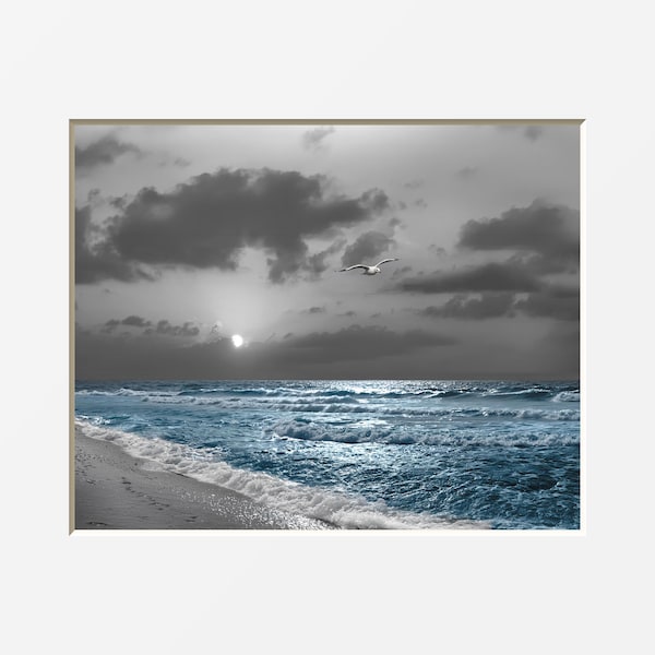 Coastal Ocean Seaside Blue Gray Home Decor Bedroom Bathroom Office Wall Art Matted Pictures
