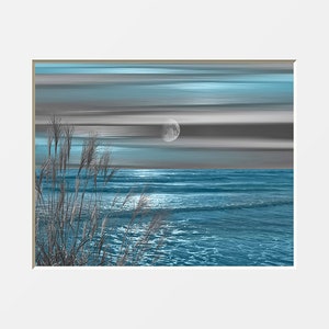 Coastal Ocean Moon Blue Gray Home Decor Bedroom, Bathroom, Living Room, Wall Art Matted Picture  (Options)