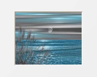 Coastal Ocean Moon Blue Gray Home Decor Bedroom, Bathroom, Living Room, Wall Art Matted Picture  (Options)