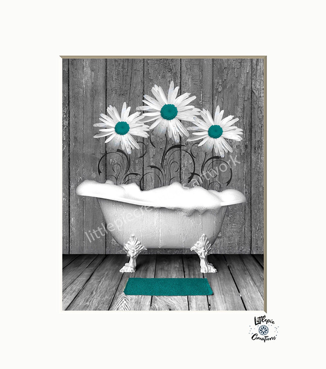 Teal Gray Rustic Bathroom Wall Art, Teal Wall Art Home Decor Matted Wall Decor Picture Etsy