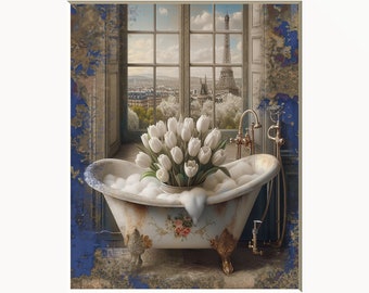 Rustic Brown Blue Farmhouse Bathroom Decor, Tulip Flowers, Vintage Bathtub, French Country Bath Wall Art Matted Picture