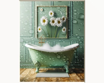 Green Wall Art, Bathroom Wall Art, Daisy Flower In Tub, Green Wall Art Bathroom Bedroom Wall Art