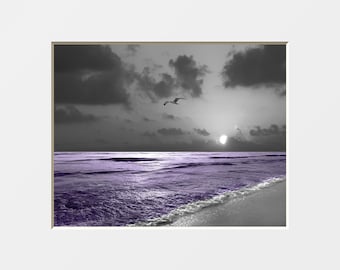 Black White Purple Ocean Beach Photo Art Matted Print