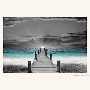 Black White Teal Blue Coastal Ocean Beach Pier Bathroom Bedroom Wall Art Home Decor Matted Picture