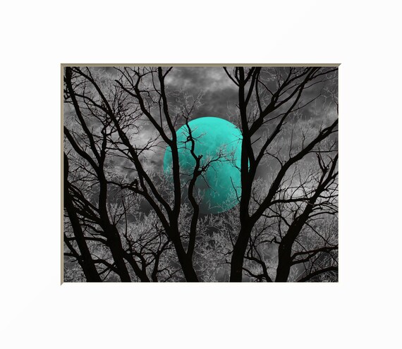 Black White Teal Decor Teal Moon Tree Decor Teal Bedroom Home Decor Wall Art Matted Picture