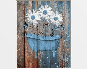 Rustic Brown Blue Farmhouse Bathroom Decor, Daisy Flower, Vintage Bathtub, Country Bath Wall Art Matted Picture