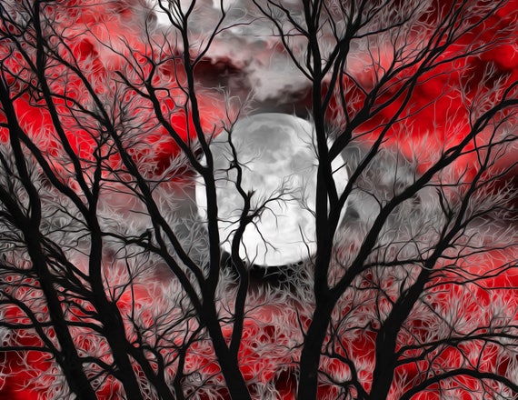 Black White Red Wall Art Tree Moon Decor Red Gray Home | Etsy