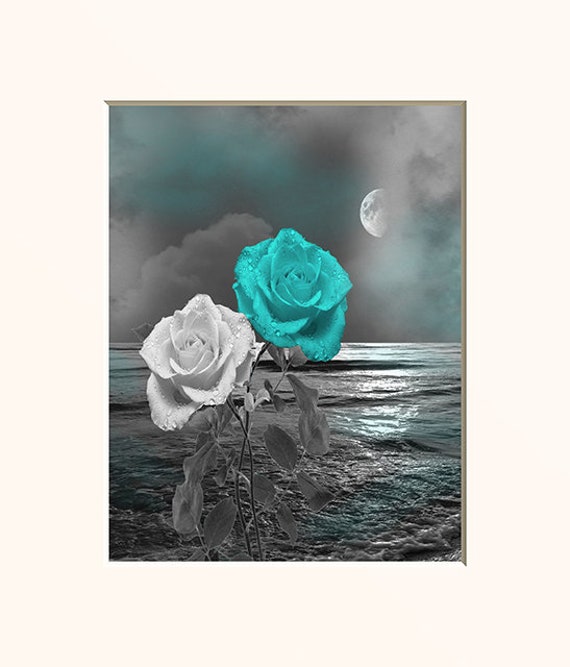 Black White Turquoise Wall Art Owl On Tree Branch Moon Bedroom Turquoise Home Decor Wall Art Matted Picture