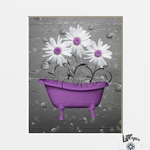 Purple Gray Daisy Flower Art: Modern Matted Bathroom Wall Decor