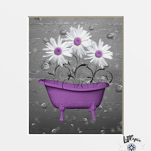 Purple Gray Wall Art For Bathroom, Purple Gray Daisy Flowers, Bubbles, Modern Decorative Home Decor Bath Artwork Matted Picture