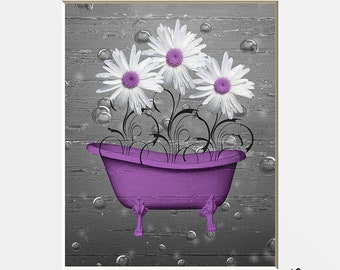 Purple Gray Wall Art For Bathroom, Purple Gray Daisy Flowers, Bubbles, Modern Decorative Home Decor Bath Artwork Matted Picture