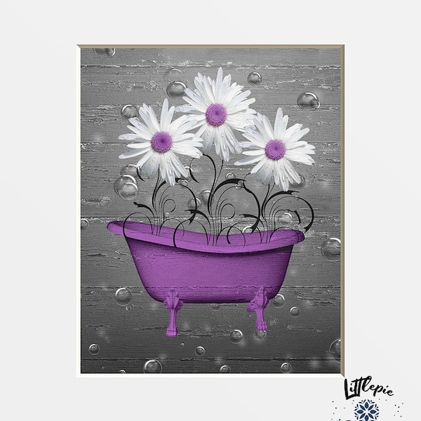 Purple Gray Wall Art For Bathroom, Purple Gray Daisy Flowers, Bubbles, Modern Decorative Home Decor Bath Artwork Matted Picture