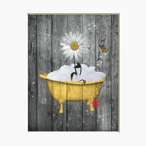 Yellow Gray Wall Art for Bathroom Yellow Rustic Daisy Flower Etsy