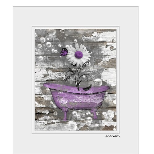 Purple Gray Bathroom Wall Art Decor Purple Daisy Flower Etsy